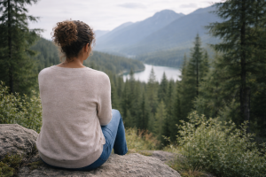 Mujer sentada de espaldas sobre una roca mirando el paisaje natural, escena que transmite reflexión y cuidado personal en momentos difíciles.