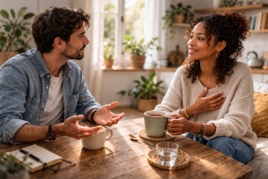 Hombre y mujer dialogando con gestos abiertos y escucha activa, ejemplo de comunicación no violenta en pareja.