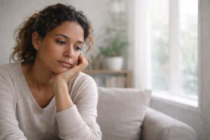 Mujer sentada junto a una ventana con gesto reflexivo, representando la experiencia de observar los pensamientos sin luchar contra ellos.