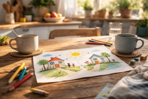 Dibujo de un niño con dos casas y un mismo sol junto a dos tazas en una mesa, imagen simbólica de separación con hijos.