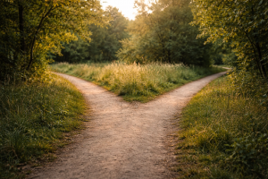 Camino de tierra que se bifurca en dos senderos bajo luz cálida, imagen simbólica de separarse sin romperlo todo.